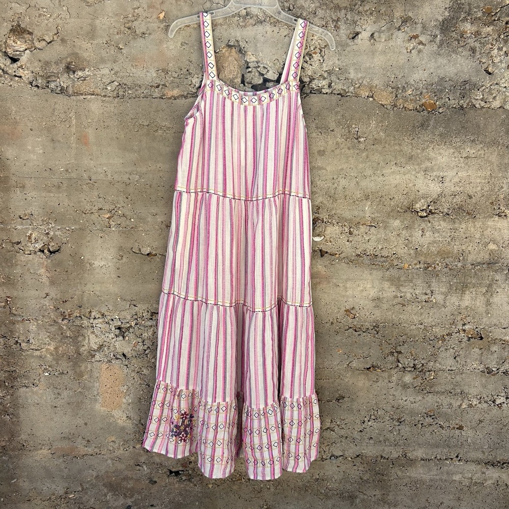 Sundance Veria Midi Dress Womens M‎ Pink Ivory Striped Embroidered Hem Floral